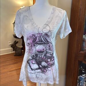 Unity World Wear V-Neck Tee - White and Pink with Carnival 🎡 Motif/Embellishment